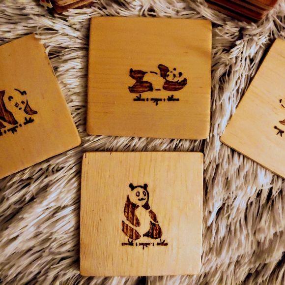 "Pandas" Hand Burned Wood Coaster Set - Picture 3 of 4